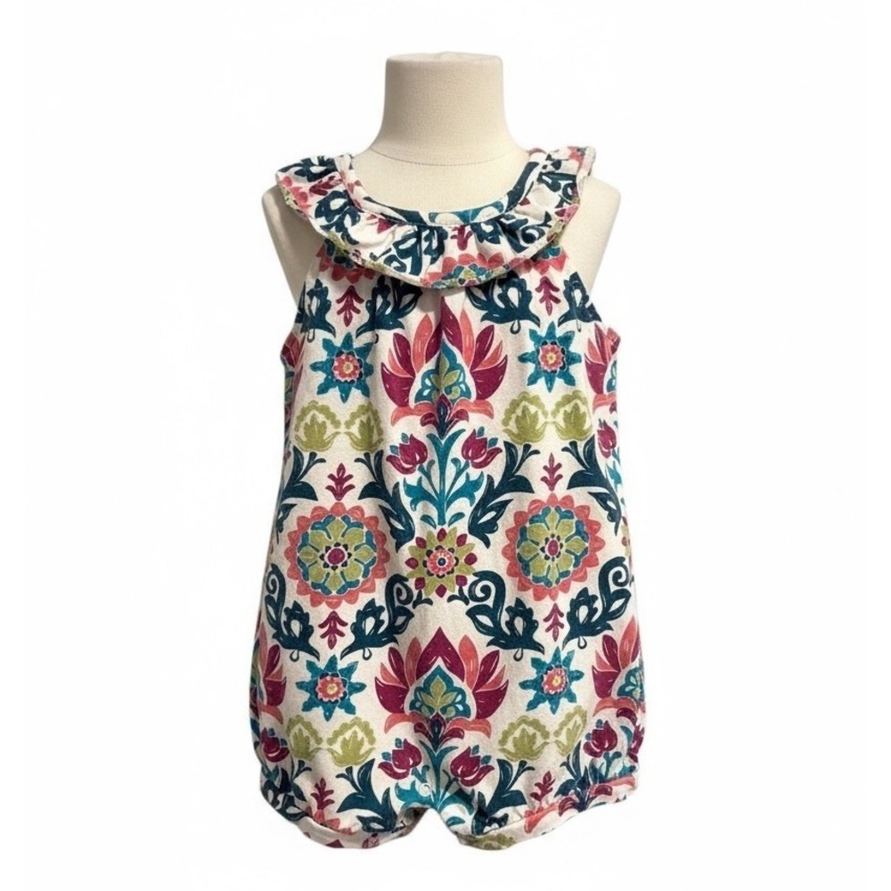 Tea Collection Flower Romper Teal Maroon Ivory Green Size 6-12‎ Months